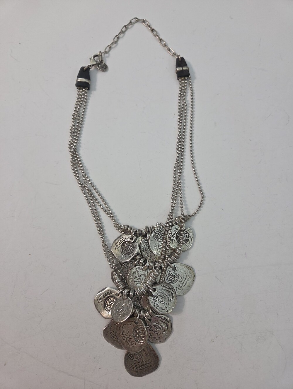 CXC layered coin silver tone multi layered ball chain necklace leather accents
